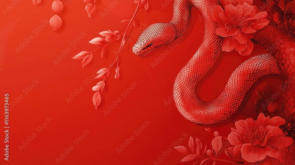 Obraz premium Chinese new year year of the Snake. Red Snake illustration and design. Red traditional Chinese vector designs with snakes. Lunar new year concept, geometric modern vector design. Copy sapce.