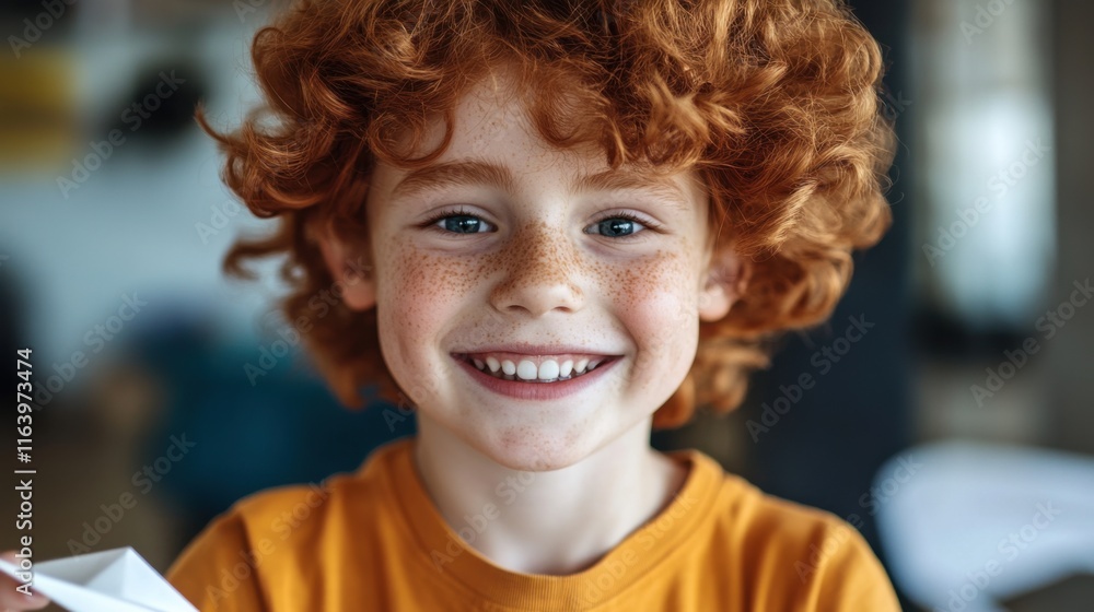 Cheerful redhead boy with freckles enjoying a spring day