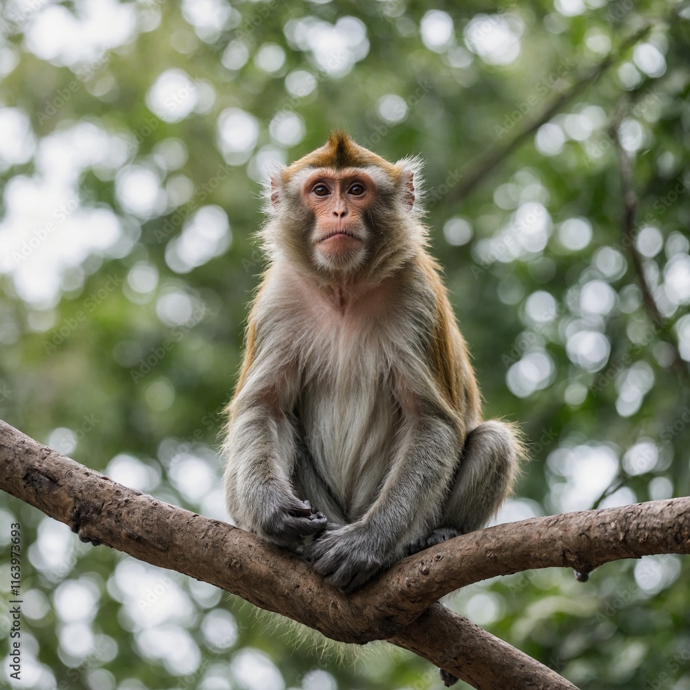 A monkey with a playful expression, perched on a branch, with a bright white background. A monkey with a playful expression, perched on a branch, with a bright white background.