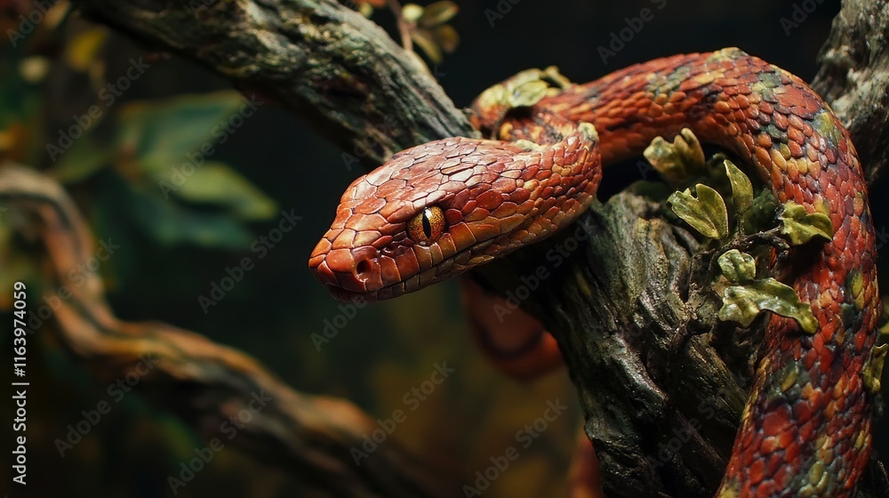 Red corn snake on branch, closeup snake, closeup snake. Red corn snake on branch, closeup snake, closeup snake.