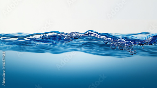 Blue water smooth line surface, side view ,See clearly through the opposite side ,on white background.	