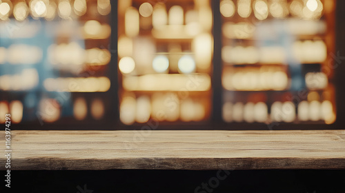 A close-up view of wooden shelves stacked with bottles, lights casting a gentle blur behind them. photo