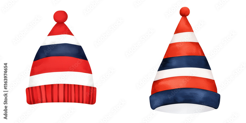 Sporty Striped Elf Hats Clipart Featuring Bold Red and Blue Stripes with a Pom Pom on Top Ideal for Holiday Decorations and Fun Sporty Striped Elf Hats Clipart Featuring Bold Red and Blue Stripes with a Pom Pom on Top Ideal for Holiday Decorations and Fun
