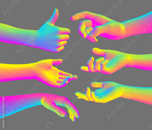 Set of hands showing different gestures. Thumbs up symbol. Hand show like or good. Extended hand open and ready to help. Human arm giving. 3D vector for brochure, poster, flyer, web or presentation.
