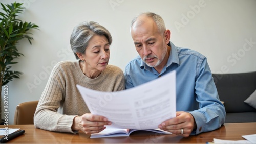 Senior couple looking worried at documents, discussing financial planning or legal matters, reflecting concerns about future security and decision-making.