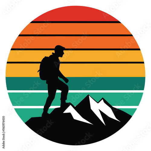 Retro Sunset Hiker Silhouette Mountain Peak Climbing Adventure Badge photo