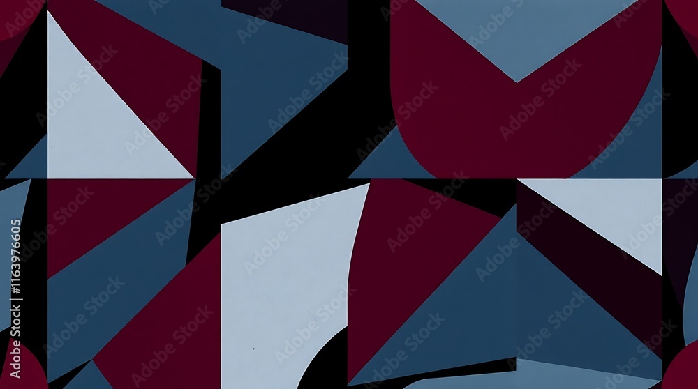 Abstract Geometric Pattern: A captivating seamless texture featuring overlapping triangles and circles in shades of deep burgundy, steel blue, and slate grey against a black background. Abstract Geometric Pattern: A captivating seamless texture featuring overlapping triangles and circles in shades of deep burgundy, steel blue, and slate grey against a black background.