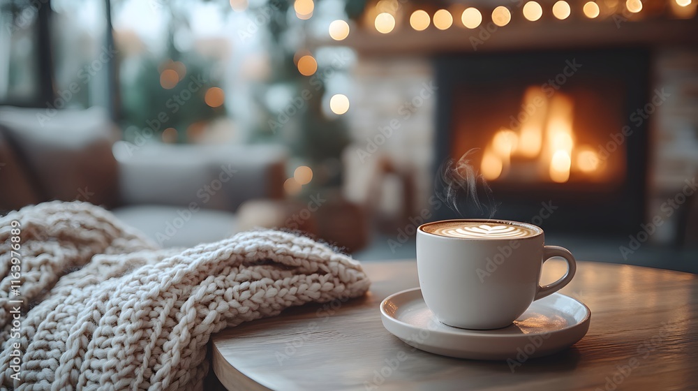 Cozy coffee scene with a ceramic cup on a wooden table, a knitted blanket, and a blurred fireplace background, creating a warm, intimate, and moody autumn atmosphere. Cozy coffee scene with a ceramic cup on a wooden table, a knitted blanket, and a blurred fireplace background, creating a warm, intimate, and moody autumn atmosphere.