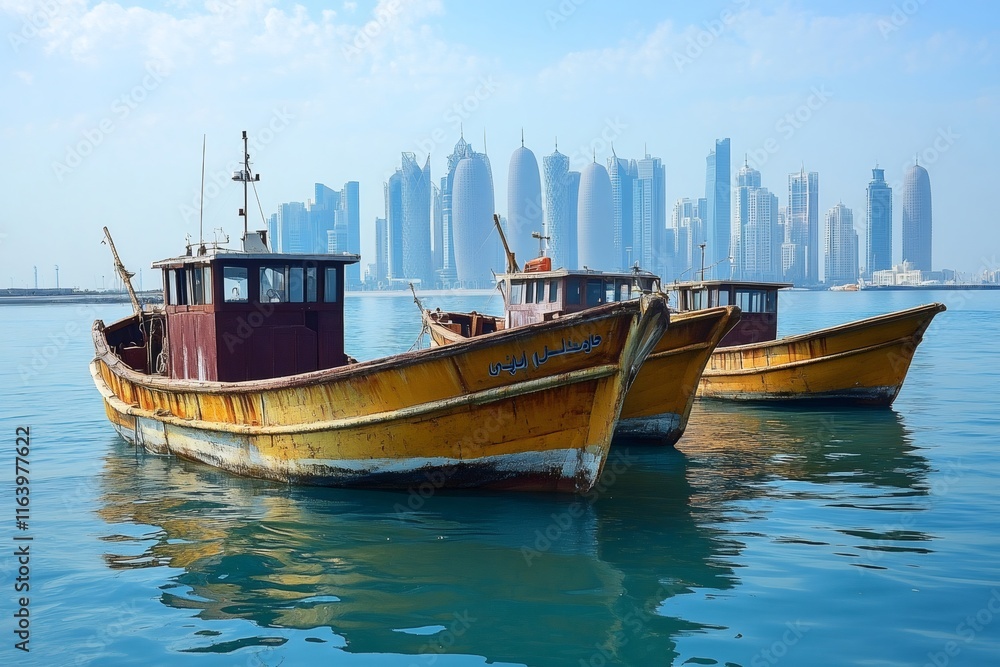 Traditional dhows floating near doha skyline in qatar Traditional dhows floating near doha skyline in qatar