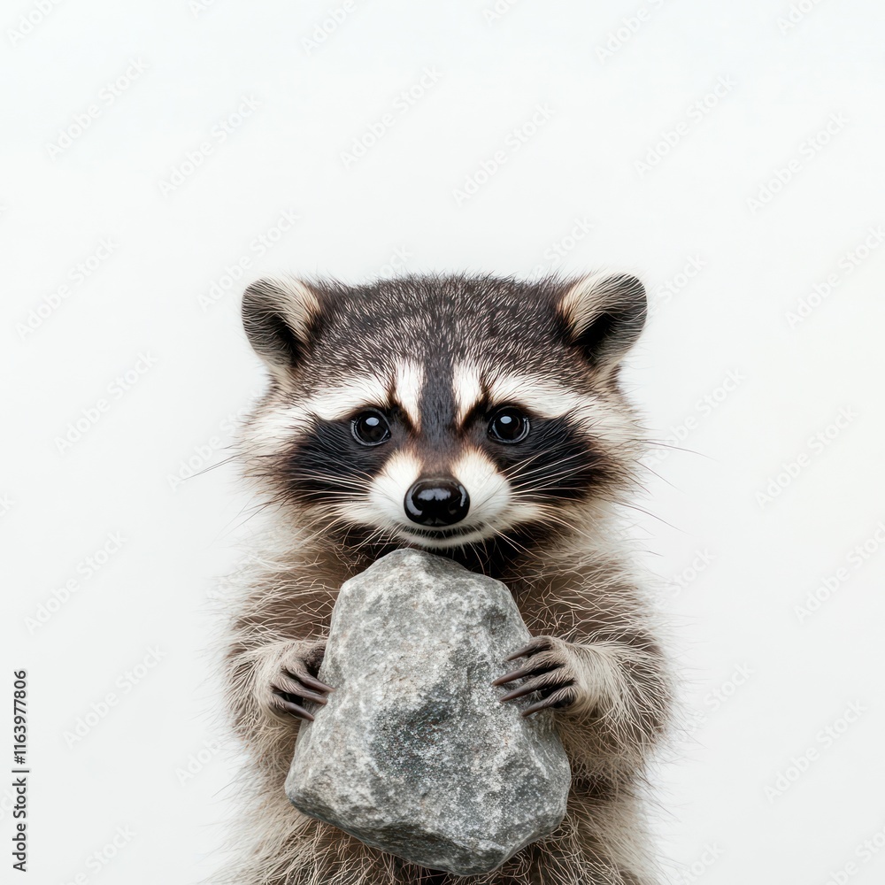 Portrait of a funny raccoon showing a rock Isolated on White Background Generative AI Portrait of a funny raccoon showing a rock Isolated on White Background Generative AI