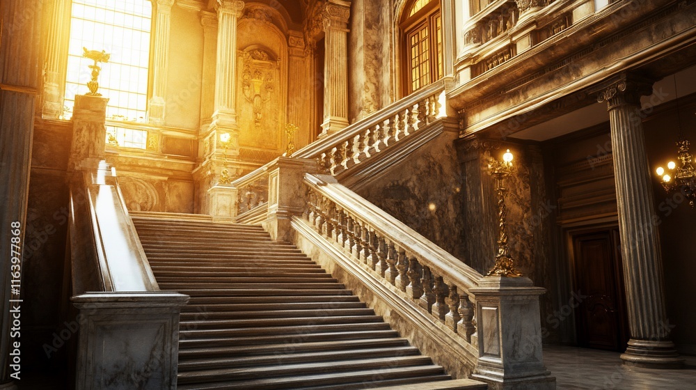 Obraz premium Grand marble staircase in a historic European palace. Sunlight streams through a window illuminating the ornate architecture.