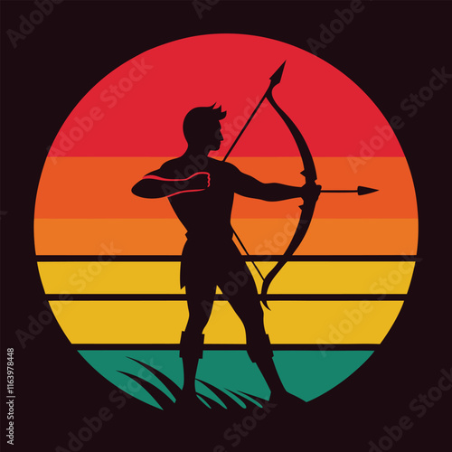 Retro Sunset Archer Silhouette, Archery, Hunting, Vintage, Sport, Bow, Arrow, Skill, Man, Target