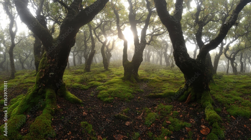 Fototapeta premium Enchanting morning in a foggy forest with ancient trees and lush moss