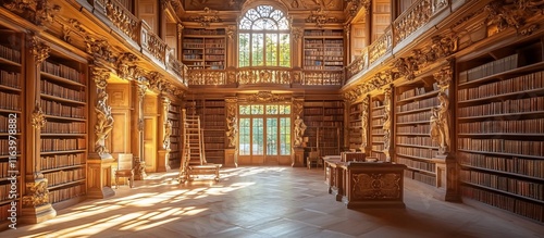 Grand, ornate library interior with high ceilings and wooden bookshelves. Sunlight streams in through large windows.. photo