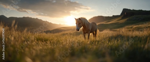 Enchanting unicorn in a golden meadow during sunset for fantasy and mythical themes photo