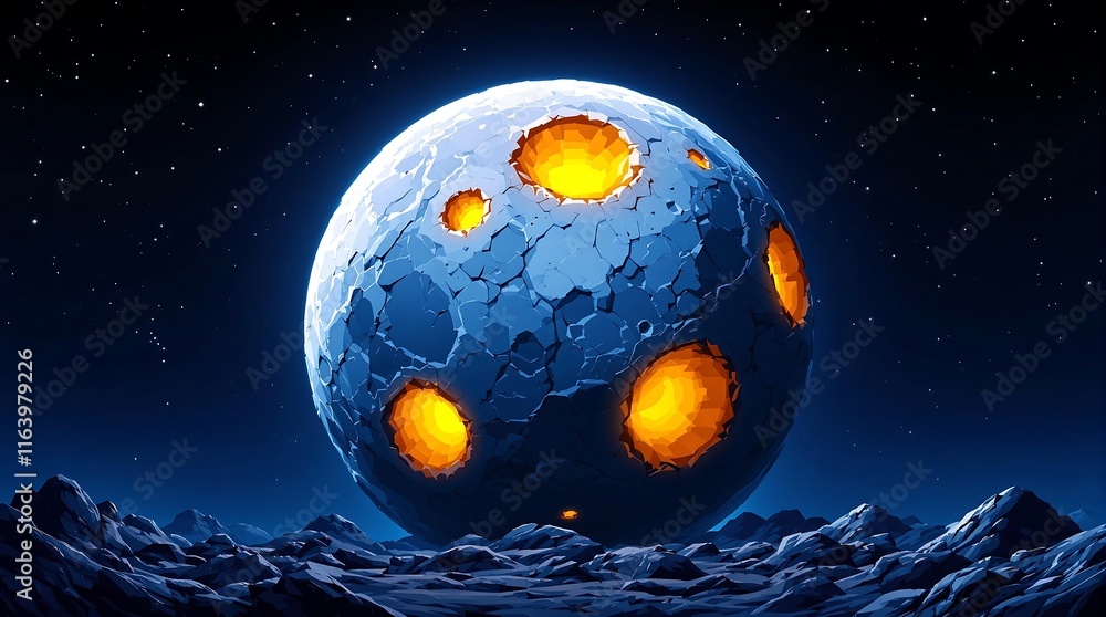 Dramatic Full Moon with Illuminated Craters in a Dark Starry Night Sky Creating a Mysterious Atmosphere Dramatic Full Moon with Illuminated Craters in a Dark Starry Night Sky Creating a Mysterious Atmosphere