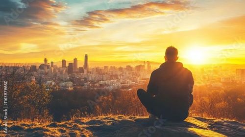 A young man sitting on a hill at sunset, overlooking a cityscape in serene golden hour. Reflective of life in the past. Contrast of nature and urban life. photo