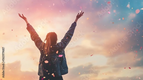A young woman standing in a happy mood. Representing wonderful life, hope and positive future. The vibrant golden hues of the setting sun illuminate the scene.
