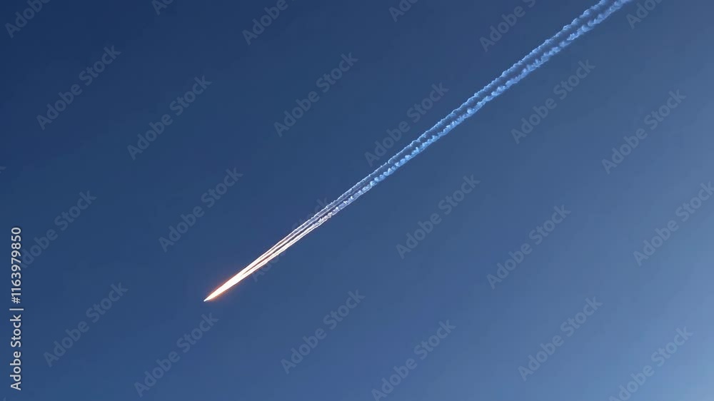 Commercial airplane with contrail streak across deep blue sky. Red glow from aircraft against azure background. Aviation and air travel concept for transportation design with copy space