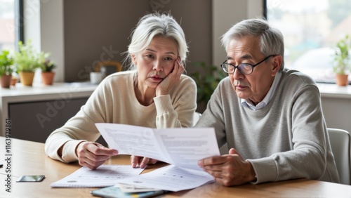 Senior couple looking worried at documents, discussing financial planning or legal matters, reflecting concerns about future security and decision-making.