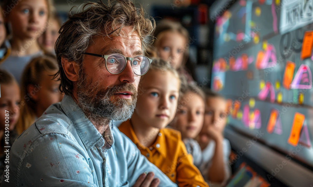 Obraz premium Elementary School Science Teacher Uses Digital Whiteboard to Teach Robotics Programming to Attentive Kids in a Bright Classroom Setting