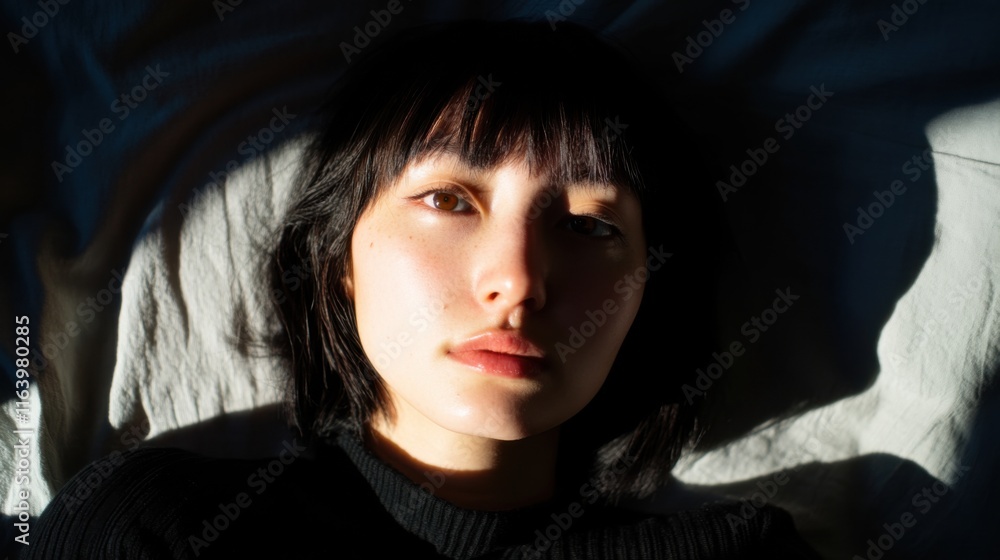 Introspective portrait of a young woman in soft lighting Introspective portrait of a young woman in soft lighting
