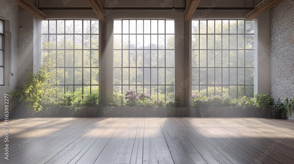 Bright and Airy Room with Large Windows Overlooking Lush Green Gardens and Natural Light Bright and Airy Room with Large Windows Overlooking Lush Green Gardens and Natural Light