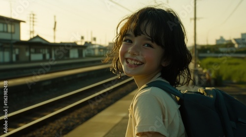 Joyful youthful adventure of a girl at sunset near railway tracks