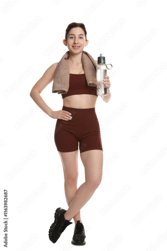 Woman in sportswear with bottle of water on white background Woman in sportswear with bottle of water on white background
