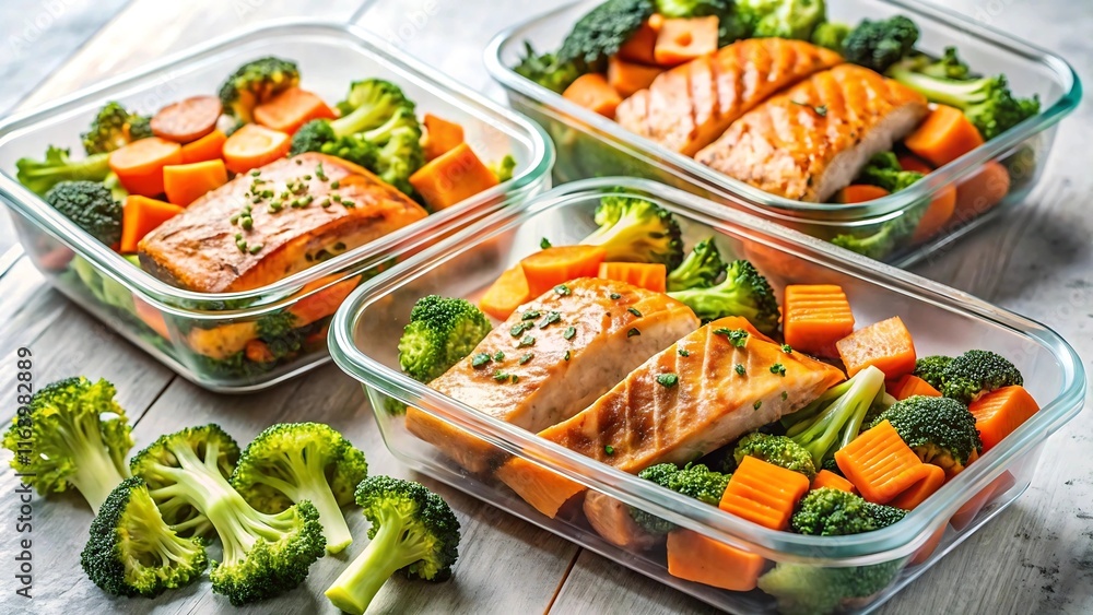 Fitness Meal Prep Boxes with Salmon, Sweet Potatoes, and Broccoli - Ultra-Realistic Food Image Fitness Meal Prep Boxes with Salmon, Sweet Potatoes, and Broccoli - Ultra-Realistic Food Image