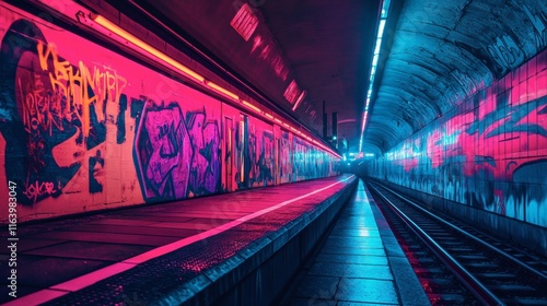 A futuristic subway station with graffiti-covered walls and neon lights reflecting off the tracks photo