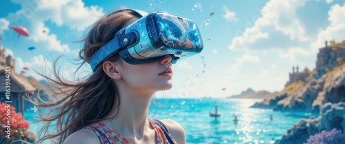 Woman in VR headset exploring a tropical beach, creating a sense of immersive virtual travel and futuristic technology, ideal for tech or travel themed projects. photo