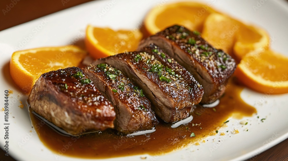 Juicy Sliced Steak Garnished with Orange Slices and Savory Sauce on a White Plate Juicy Sliced Steak Garnished with Orange Slices and Savory Sauce on a White Plate
