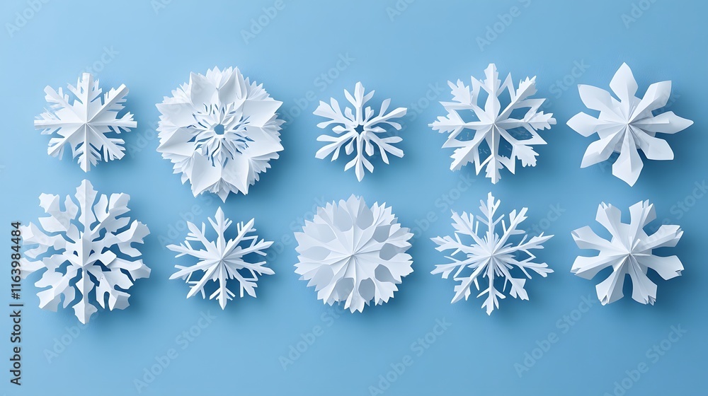 Delicate white paper snowflakes with intricate cutout details arranged in neat rows against a light baby blue background, showcasing minimalist winter decoration with soft drop shadows. Delicate white paper snowflakes with intricate cutout details arranged in neat rows against a light baby blue background, showcasing minimalist winter decoration with soft drop shadows.