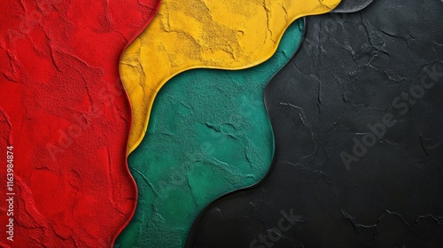 A textured background featuring bold red, black, and green abstract brush strokes, with golden accents