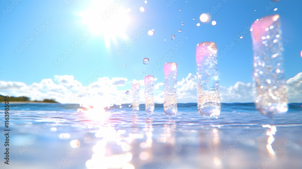 Crystal-like water splashes rise from the ocean under a bright sun. Crystal-like water splashes rise from the ocean under a bright sun.