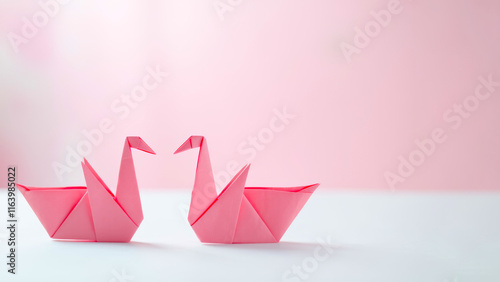 two pink origami swans stand on white table, romantic atmosphere photo