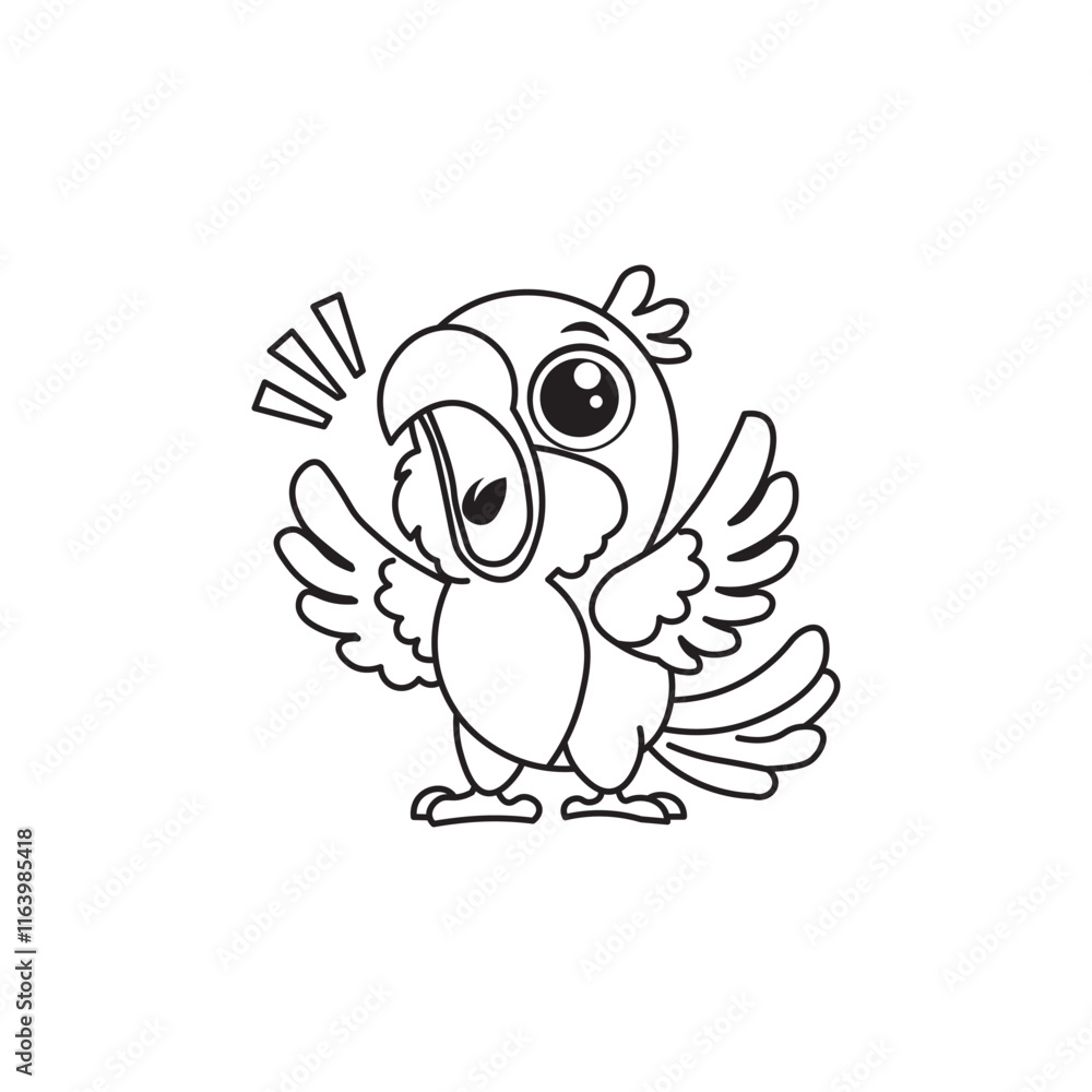 Black And White Coloring Book With Bold Lines, Cute Animal Parrot Black And White Coloring Book With Bold Lines, Cute Animal Parrot