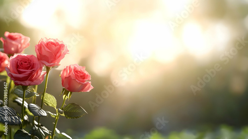 Pink roses blooming in sunset garden.