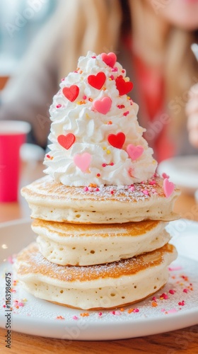 A tasty stack of pancakes with whipped cream and colorful sprinkles