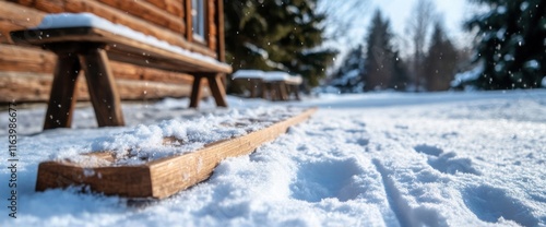 Wallpaper Mural Tranquil winter scene with wooden sled and rustic cabin on a snowy day Torontodigital.ca