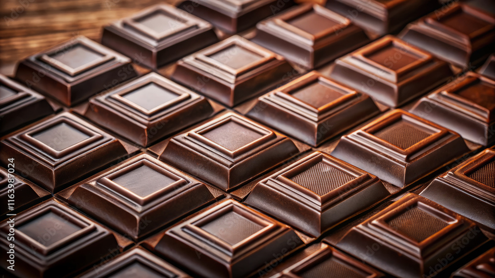 Rich gourmet chocolate squares arranged in luxurious texture display Rich gourmet chocolate squares arranged in luxurious texture display