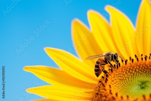Bee Pollinating Bright Sunflower Against Clear Blue Sky Background