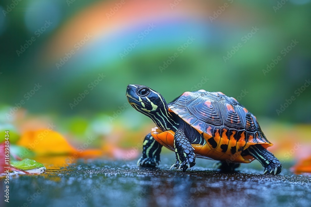 Obraz premium whimsical turtle making its way across a path, a colorful rainbow arching overhead, capturing a charming moment in nature filled with imagination and cheer