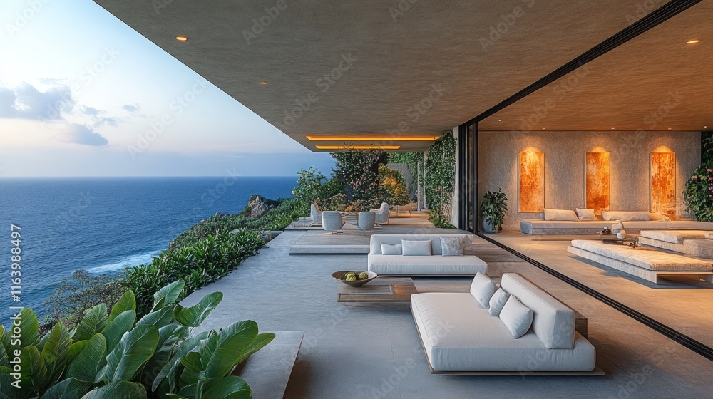 Fototapeta premium Oceanfront luxury home, modern patio, sunset view.