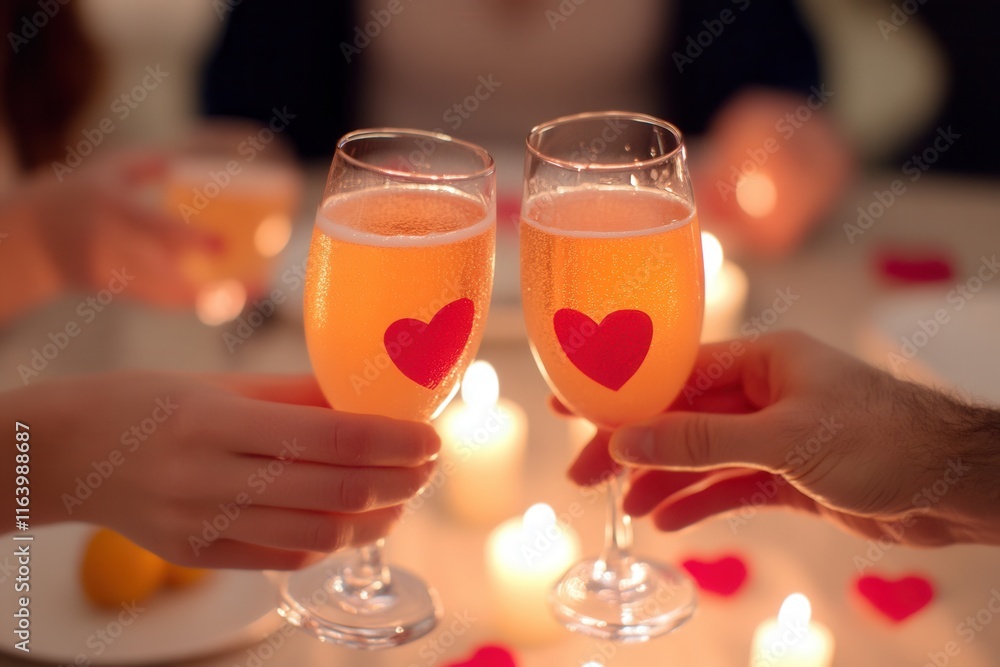 A couple is joyously toasting together using beautifully designed champagne glasses adorned with charming hearts on them, celebrating their special moment. Friends cooking together A couple is joyously toasting together using beautifully designed champagne glasses adorned with charming hearts on them, celebrating their special moment. Friends cooking together
