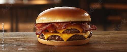 Juicy double cheeseburger with crispy bacon on a sesame seed bun, served on a rustic wooden table.