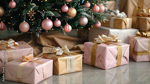 A festive scene with a Christmas tree decorated with pink and gold ornaments, surrounded by beautifully wrapped gifts in matching colors.