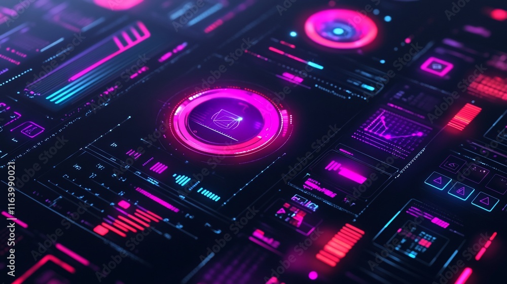 Abstract futuristic user interface with glowing neon elements and various data visualization charts. Abstract futuristic user interface with glowing neon elements and various data visualization charts.