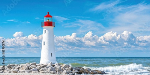 Lighthouse standing tall against waves coastal scenic view nature photography seaside serenity daylight guiding light
